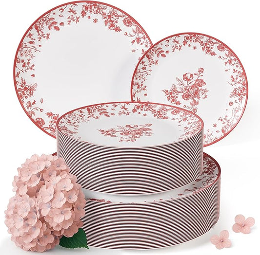 Trendables Plastic Plates For Party Supplies, Floral Disposable Plates For Party & Weddings 200 Pcs - 100 x 8 Dessert Plates & 100 x 10 Plastic Dinner Plates, Plate Set Disposable Dinnerware Sets