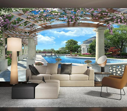 Cliouar-Backyard Villa with Swimming Pool Wall Mural Wallpaper Peel and Stick 90" x 67"