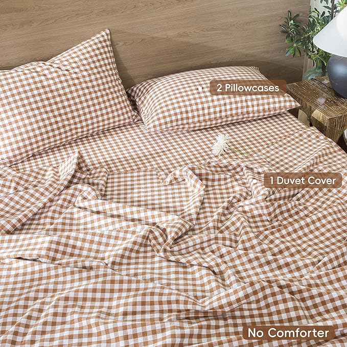 MooMee Gingham Duvet Cover Set 100% Washed Cotton Linen Like Textured Breathable Durable Soft Comfy Modern Checkered Design (Dark Orange Gingham, King 104"x90")