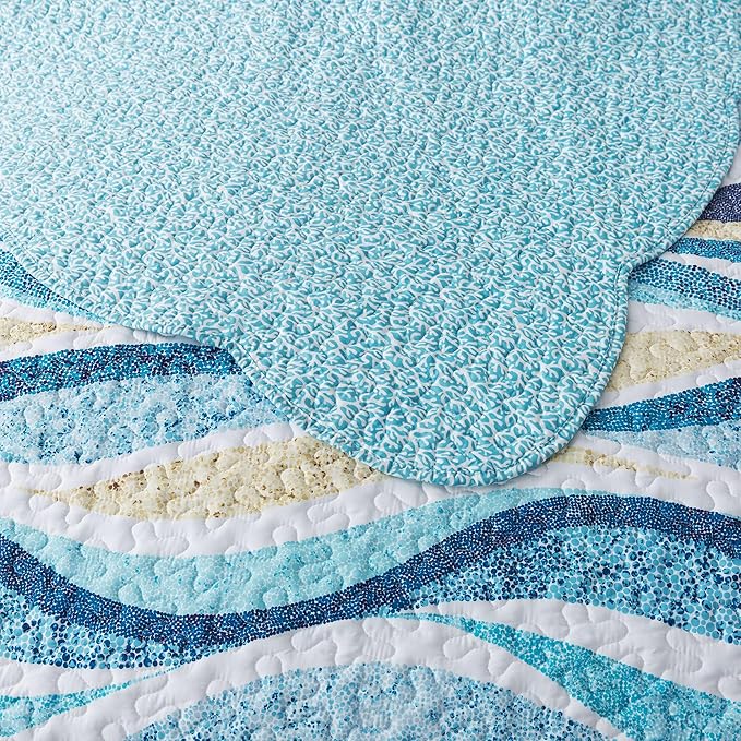 HoneiLife Queen Bedspreads Oversized - 106"x106" Coastal Quilt Sets, Beach Quilt 3-Piece, Nautical Bedspreads Ocean Coverlets, Lightweight Bed Cover, Summer Quilts