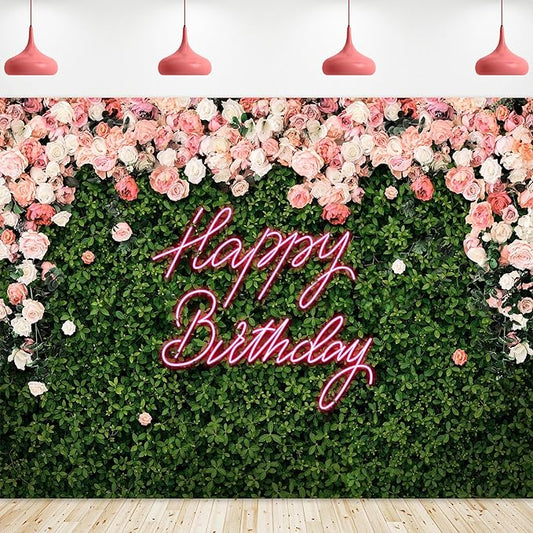 Riyidecor Green Leaves Happy Birthday Backdrop Polyester Fabric Neon Pink Floral Rose Flower Blossom Botanical Plant Nature 8Wx6H Feet Girls Women Photography Background Birthday Photo Studio Shoot