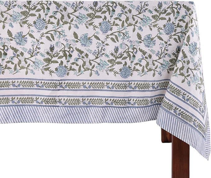 ATOSII Mahoka Blue 100% Cotton Rectangle Tablecloth, Handblock Floral Print Linen Table Cloth for Kitchen Dining I Parties, Outdoors, Weddings, Holidays, Summer I 72 X 108 Inches I 8 Seater