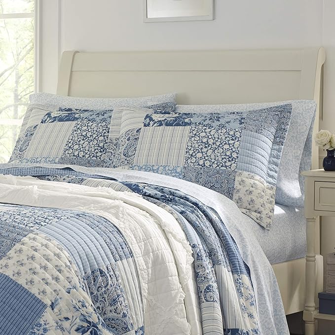 Laura Ashley - Queen Quilt Set, Soft & Reversible Cotton Floral Bedding with a Medium Weight Feel, 3 Piece Bed Set with Matching Pillowcases (Paisley Printed Patchwork Blue)