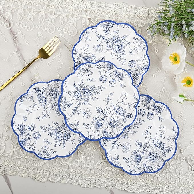 Blue Floral Party Plates - Vintage Leaf Disposable Paper Plates, Wildflower Toile 7" Scalloped Rim Dessert Plates for Christmas, Birthday, Bridal Tea Party Supplies (24 Count)