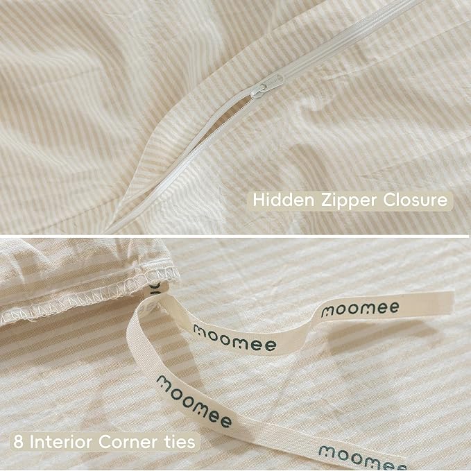 MooMee Striped Duvet Cover Set 100% Washed Cotton Linen Like Textured Breathable Durable Soft Comfy (Almond Milk Grey Pinstripes, Super King Plus 120"x120")