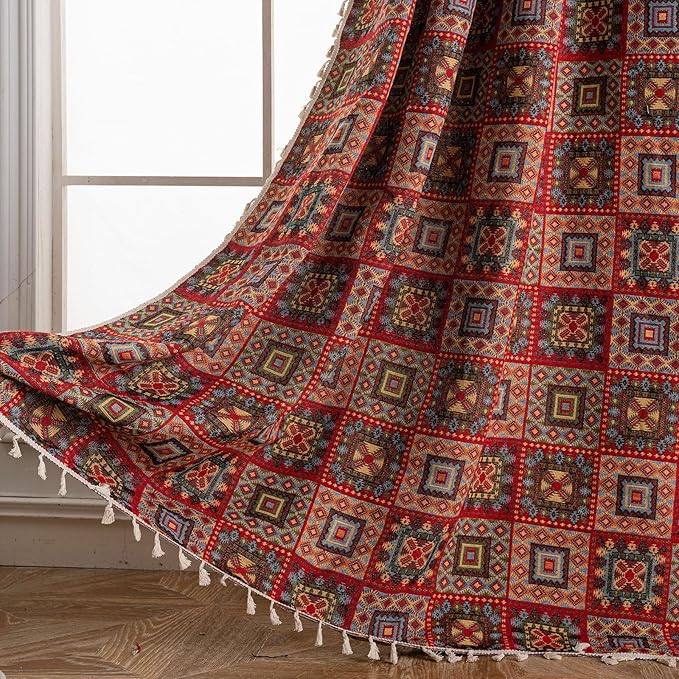 ENJOYBRIDAL Patchwork 84 Inch Curtains for Living Room Boho Drapes Bedroom Jacquard Bohemian Floor Length Window Curtains 2 Panels Semi Sheer Rod Pocket Red Cute Geometric Patterned Window Treatments