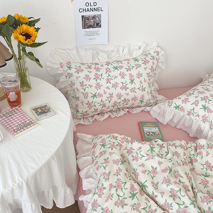 VM VOUGEMARKET Pink Floral Comforter Set Queen Romantic Ruffle Comforter with 2 Pillow Shams Vintage Cozy Princess Bed Comforter Set for Girls Women(3pcs,Queen)