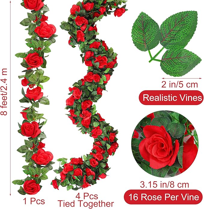 Aneco 4 Pack 32 FT Red Flower Garland Artificial Rose Vines Roses Fake Vine Flowers Plants Party Supplies for Holiday Wedding Garden Craft Art Decoration