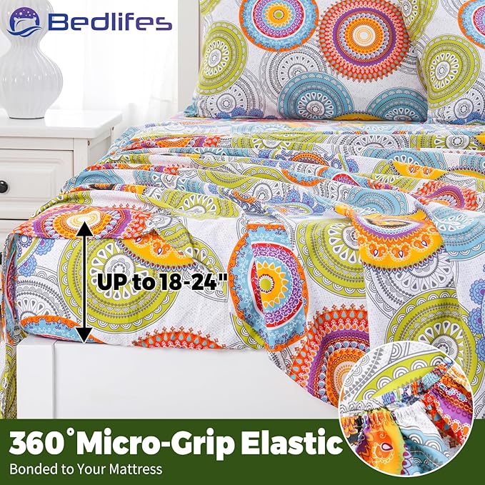 Bedlifes Extra Deep Pocket 18-24" Queen 4-Piece Sheet Set - Cooling Sheets Blend Rayon Derived from Bamboo Soft & Breathable,Featuring Mandala Patterned