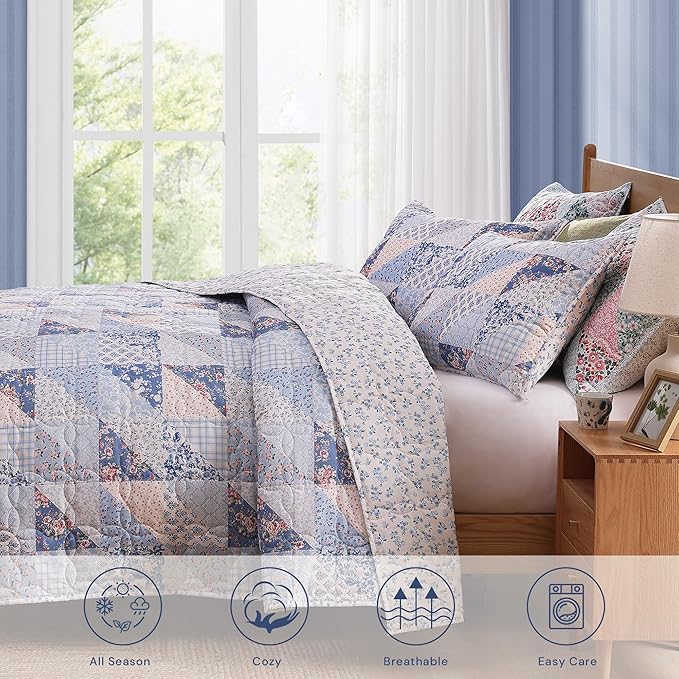 Quilt Set King Size, Patchwork Blue Pink Marigold Floral Quilt Sets, Reversible Bedspread Lightweight and Breathable for All Seasons, Soft Quilted Bedspread with 2 Pillow Shams
