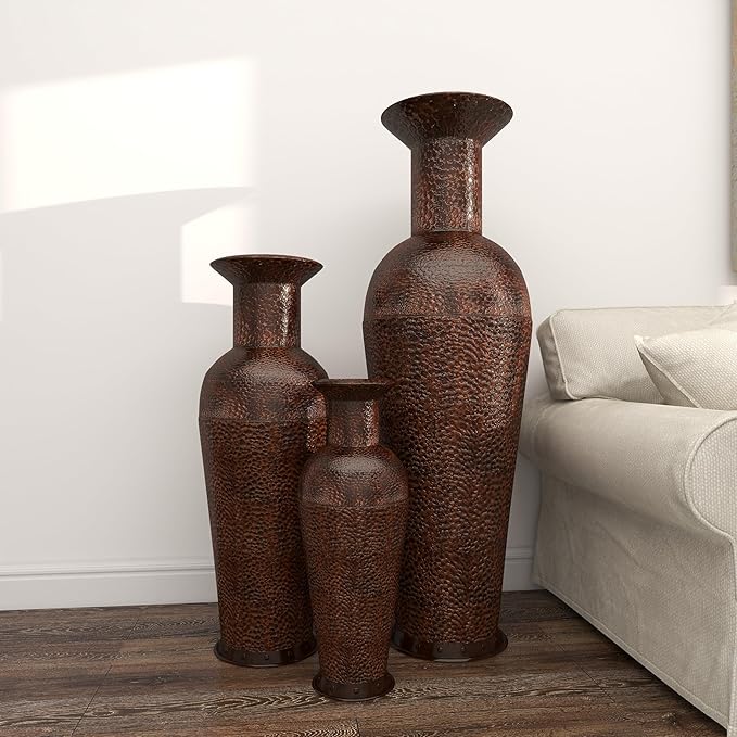 Deco 79 Metal Decorative Vase Indoor Outdoor Tall Floor Bottleneck Centerpiece Vases with Bubble Texture and Studs, Set of 3 Flower Vases for Home Decoration 50", 35", 26"H, Dark Brown