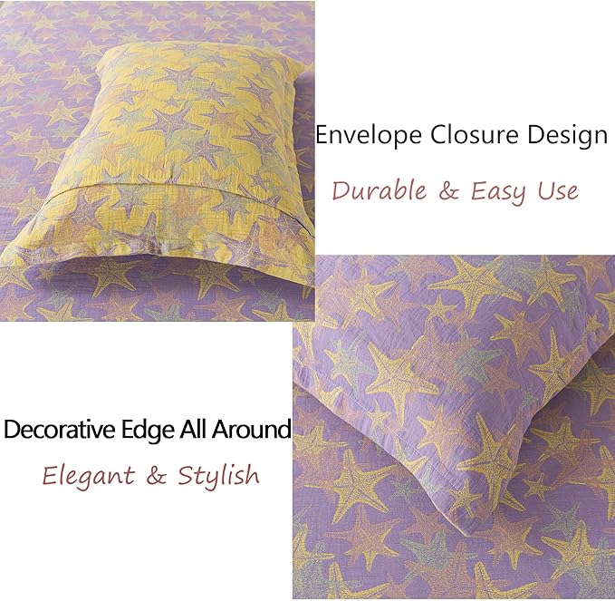 FADFAY Beach Theme Sheets Set King Purple Yellow Starfish Ocean Bedding Coastal Nautical Bedding Super Soft Washed Double -Layer Muslin Sheets 100% Cotton Deep Pocket Fitted Sheet 4Pcs, King Size
