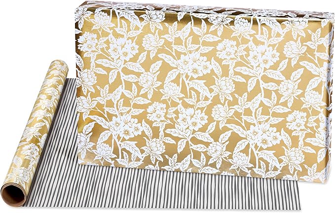 American Greetings 120 sq. ft. Reversible Flower Wrapping Paper Set for Birthdays, Weddings, Bridal Showers, Floral, Stripes and Polka Dots (4 Rolls, 30 in. x 12 ft. each)