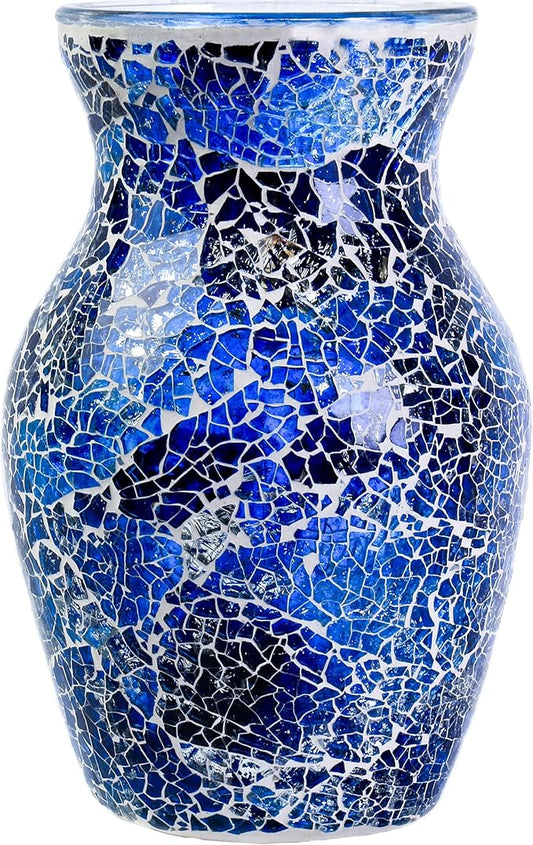 8" H Blue Mosaic Vase.Exquisite Craftsmanship.Decor Home Modern Midsize All Handmade Mosaic Vases .Beautiful Hand-Set Cracked Glass Vase for Home&Office Decor.Unique Gift