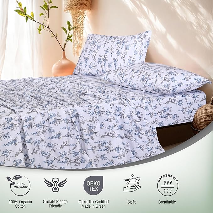 RUVANTI 100% Organic Cotton Sheets Twin Size, Percale Weave, GOTS Certified, 3-Piece Set, Deep Pocket 15", Crisp & Breathable, Soft Durable Bedding, Sábanas Algodón Orgánico – Deluxe