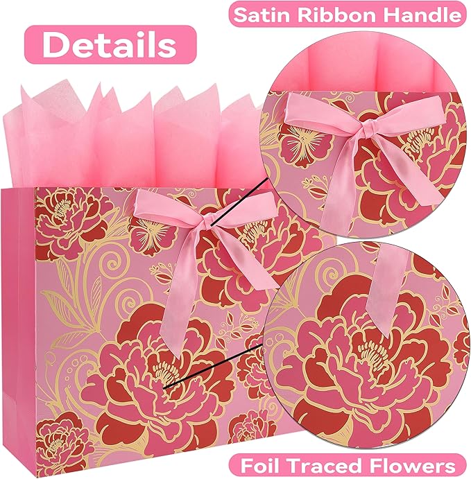 16.5" Extra Large Rose Pink Gift Bag Set with Greeting Card and Tissue Paper(Foil Traced Flowers) for Celebrating Birthdays, Mother's Day, Weddings, Anniversary, Valentine's Day - 16.5”x5.5”x12.6”, 1 Pcs.