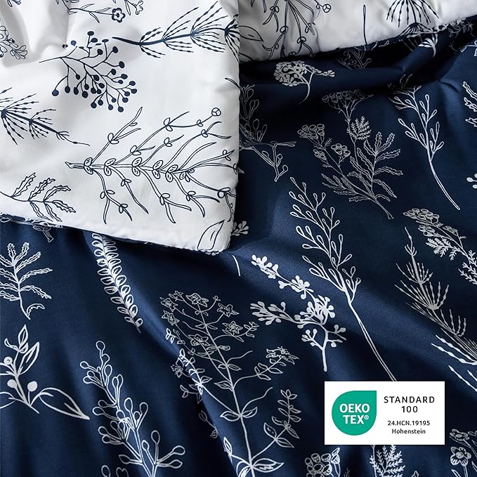 Bedsure Full Comforter Set - Navy Bed Set, 3 Pieces Cute Floral Bedding, 1 Soft Reversible Botanical Flowers Comforter and 2 Pillow Shams