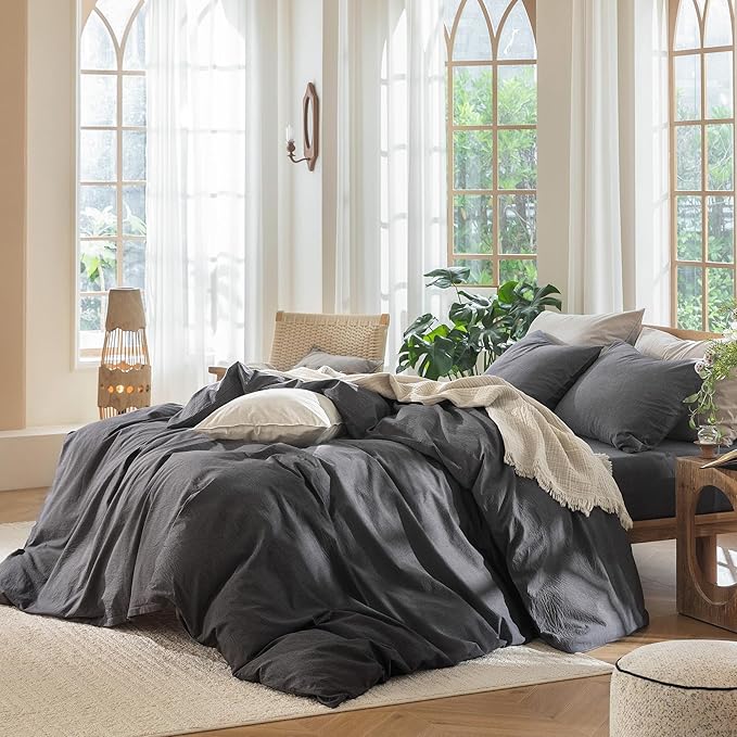 MooMee Bedding Duvet Cover Set 100% Washed Cotton Linen Like Textured Breathable Durable Soft Comfy (Heathered Dark Grey, Twin 68"x90")