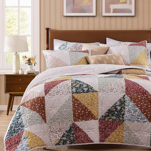 Quilt Set King Size, Patchwork Burnt Orange Floral Quilt Sets, Reversible Bedspread Lightweight and Breathable for All Seasons, Soft Quilted Bedspread with 2 Pillow Shams