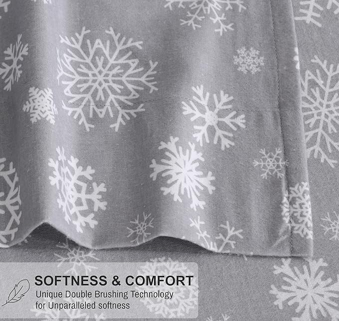 RUVANTI Flannel Sheets Full Size - 100% Cotton Double Brushed Bed Sheets Set, Deep Pockets 16 Inches, All Seasons Breathable & Extra Soft Full Sheets, Warm & Cozy, 4 Piece, Snowflakes
