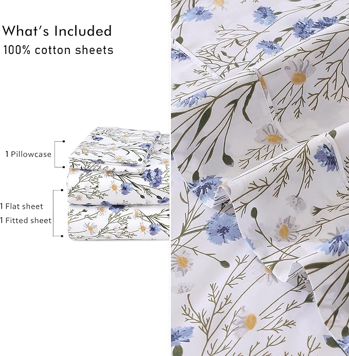 RUVANTI 100% Cotton Twin Sheets Set, 3 Pieces, Soft & Breathable Percale Weave Bedding, Deep Pocket 16", Hotel Standard, Crisp Cool Feel, Durable, Perfect Floral Bed Sheet, Sweet Pea