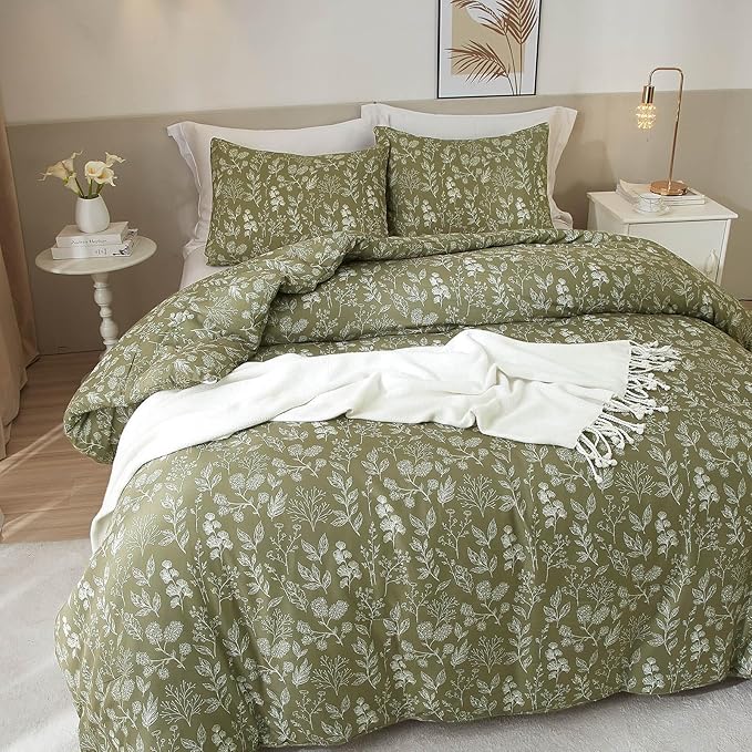 EAVD Fresh Garden Green Floral Duvet Cover King Soft Cotton Chic Shabby Small Cute Floral Botanical Bedding Set with 2 Pillowcases Reversible Green Floral Comforter Cover with Zipper Closure