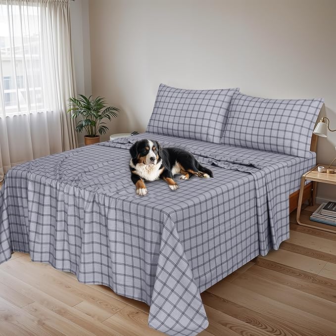 RUVANTI Flannel Sheets King Size - 100% Cotton Brushed King Size Sheets Set - Deep Pockets 16 Inches Bed Sheets - All Seasons Breathable & Extra Soft - Warm & Cozy, 4 Piece, Open Grid Check