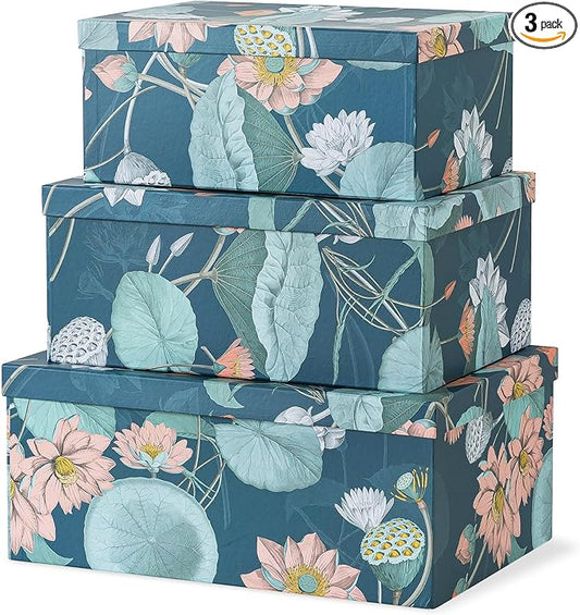 Soul & Lane Decorative Storage Cardboard Boxes with Lids | Enchanted Garden - Set of 3 | Bold Dark Moody Paperboard Nesting Boxes