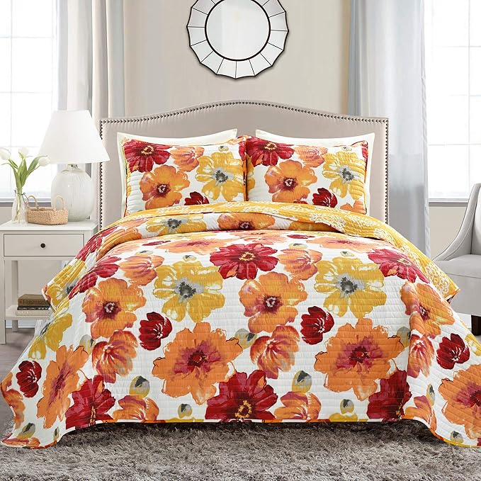 Lush Decor Leah Reversible Floral Quilt Set, 3 Piece Set, King, Red & Orange - Watercolor Botanical - Cottage Core - French Country Decor- Bedding Queen Size