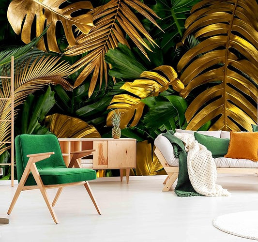 WFBHUA-Green and Gold Palm Leaf Wallpaper Peel and Stick Tropical Jungle Self Adhesive Wall Mural for Living Room Bedroom 137"x100"