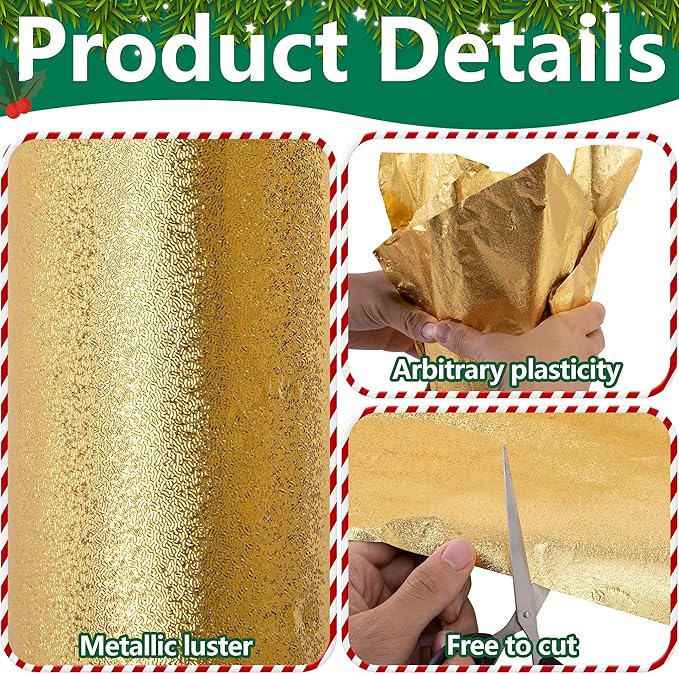 Iceyyyy 2 Roll 10 Yard Christmas Plant Pot Floral Foil, Matte Texture Floral Foil Plant Pot Covers, Golden Florals Foils Wrapping Paper for Home Garden Pots Vases DIY Decoration