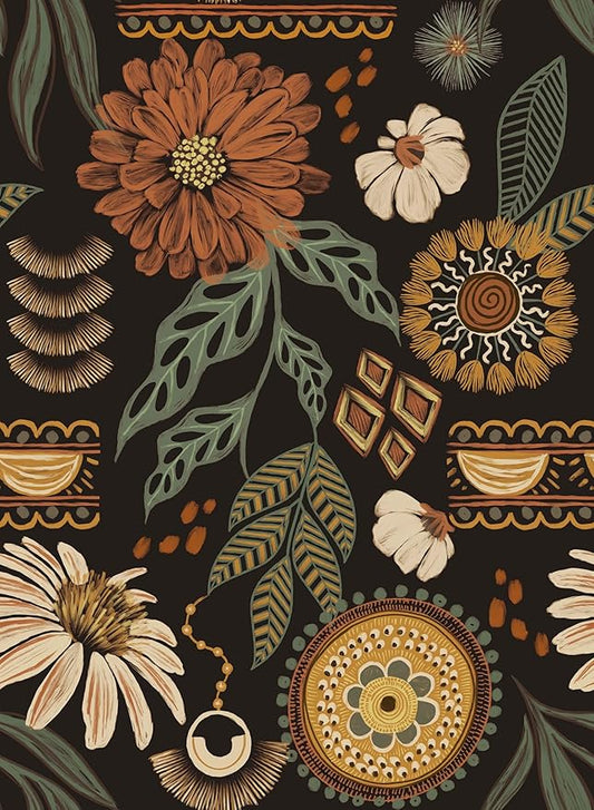 JiffDiff Boho Peel and Stick Wallpaper 17.3" x 240" Vintage Sun Floral Retro Removable Contact Paper Paper Dark Botanical Flowers Bathroom Bedroom Renter Friendly Wall Mural