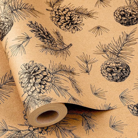 Yarcony Kraft Christmas Wrapping Paper, Pine Cone Wrapping Paper, Recycled Thick Forest Autumn Pine Cones, Botanical Brown Christmas Gift Wrap for Holiday, Thanksgiving Natural (17 Inch X 33 Feet)