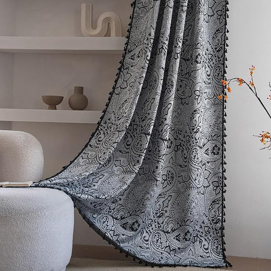 ENJOYBRIDAL Black Paisley 96 Inch Curtains for Bedroom Semi Sheer Drapes Light Filtering Boho Rod Pocket Long Window Curtains 2 Panel Sets Living Room Farmhouse Printed Jacquard Window Treatments