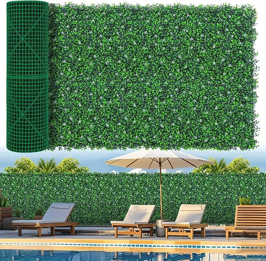 Artificial Boxwood Roll Panels with Flowers,40"x 120"(33.33 sq.ft) UV-Anti Faux Ivy Leaves Privacy Fence Screen Grass Wall Roll Panels for Indoor Home Decor and Outdoor Garden Backyard
