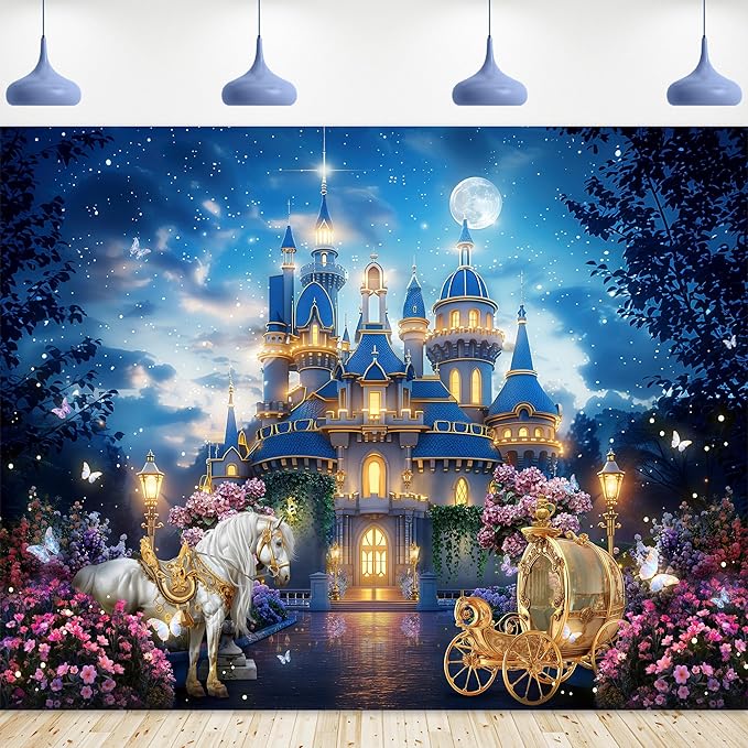 Riyidecor Princess Castle Backdrop Vinyl Fairy Tale Garden Floral Starry Night Moon Horse Carriage 10Wx8H Feet Butterfly Wonderland Photography Background Birthday Baby Shower Photo Studio Shoot