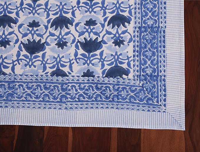 ATOSII Positano Blue 100% Cotton Rectangle Fall Tablecloth, Handblock Floral Linen Table Cloth for Dining Table I Parties Christmas Thanksgiving Grand Millennial Home Decor 72 X 120 Inches I 10 Seater