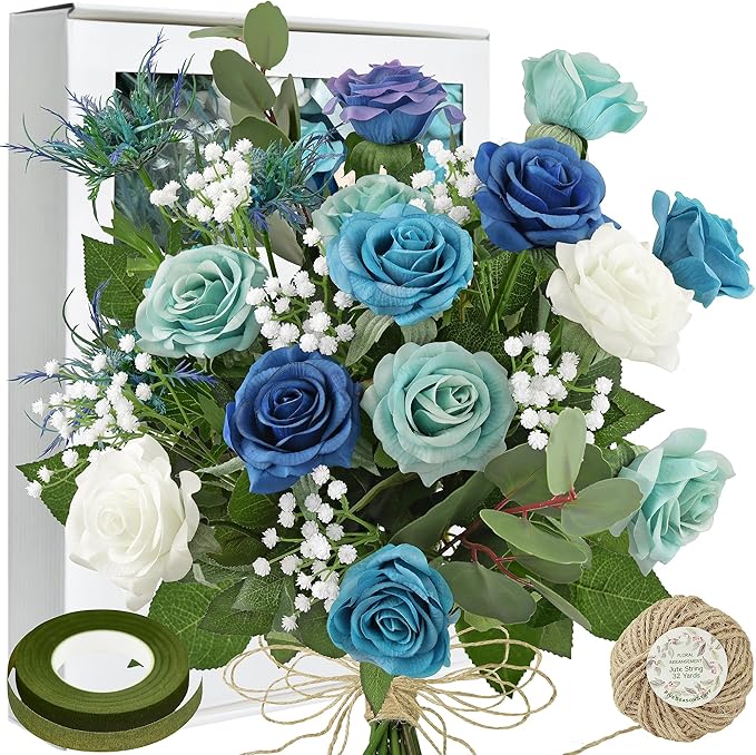 FiveSeasonStuff Artificial Blue and White Rose Bridal Bouquet – Real Touch Wedding Flowers with Eucalyptus, Baby’s Breath & Thistles – DIY Floral Kit for Ceremony, Centerpiece, Home Decor