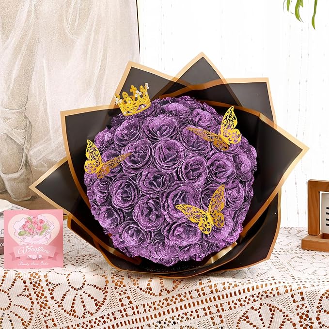 Waipfaru Glitter Roses Bouquet, DIY Lilac Fake Flowers Bouquet, Birthday Gifts for Women Mom, 24 Pcs Rose for Grandma Wife Girlfriend Valentines, Mothers Day, Anniversary, Graduation