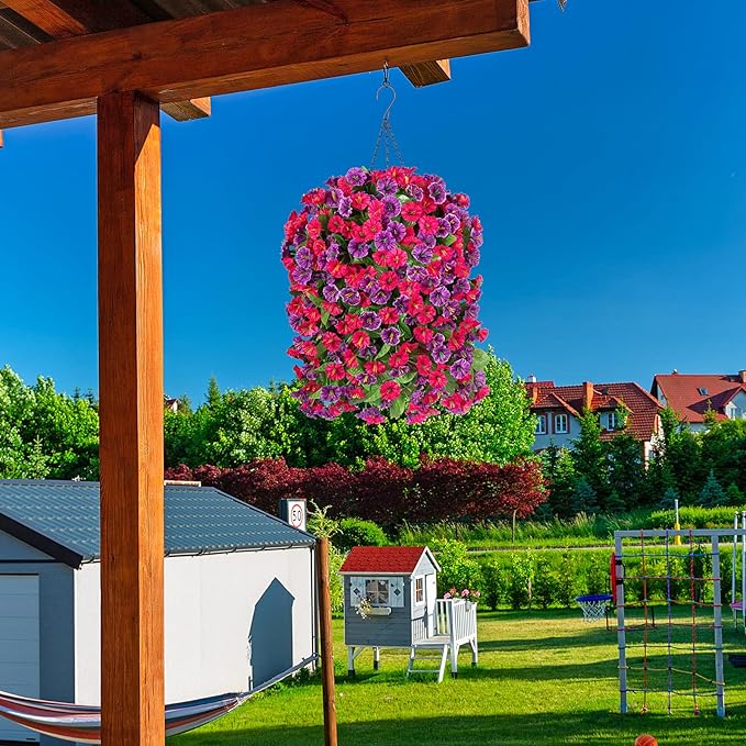 Artificial Fake Hanging Flowers Plants for Outdoor Spring Summer Decoration, 2PCS Faux Silk Morning Glory Long Vines Stems UV Resistant Look Real for Outside Home Porch Patio, Hot Pink Purple