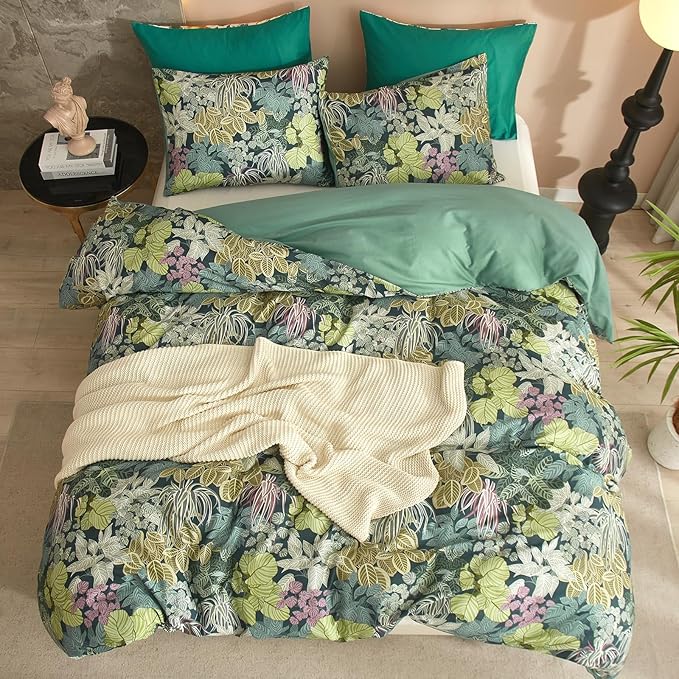 HighBuy Tropical Green Duvet Cover Queen Size Soft Cotton Leaves Bedding Set Queen Vintage Boho Flower Comforter Cover Garden Style Duvet Cover for Kids Girls with 2 Pillowcases Queen Bedding Sets