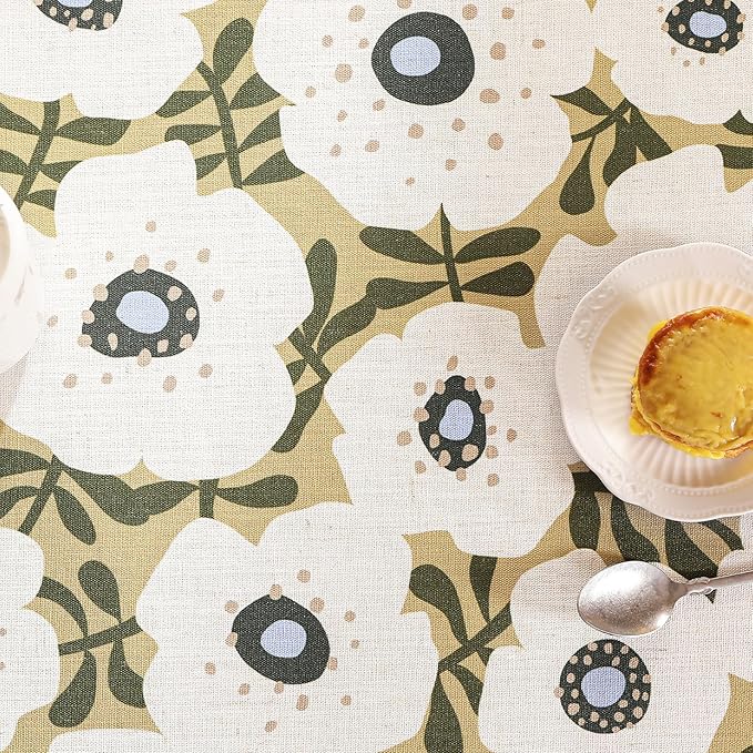 Designer Vintage Small Round Tablecloth,Linen French Tablecloth with White Floral Pattern,Decor Table Cover for Kitchen,Dining,Thanksgiving,Tea Party,Diameter 55"-Hidaka