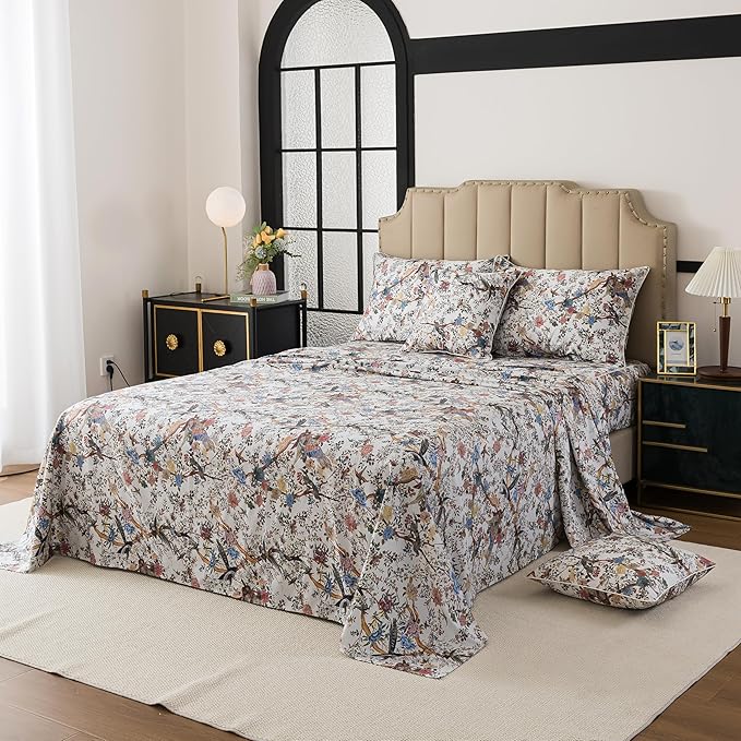 FADFAY Sheets Set Queen Botanical Bird Floral Bed Sheets Set Vintage Mocha Mousse Farmhouse Bedding Shabby Branches Bedding 100% Egyptian Cotton Breathable Soft 17.7" Deep Pocket 4Pcs, Queen Size