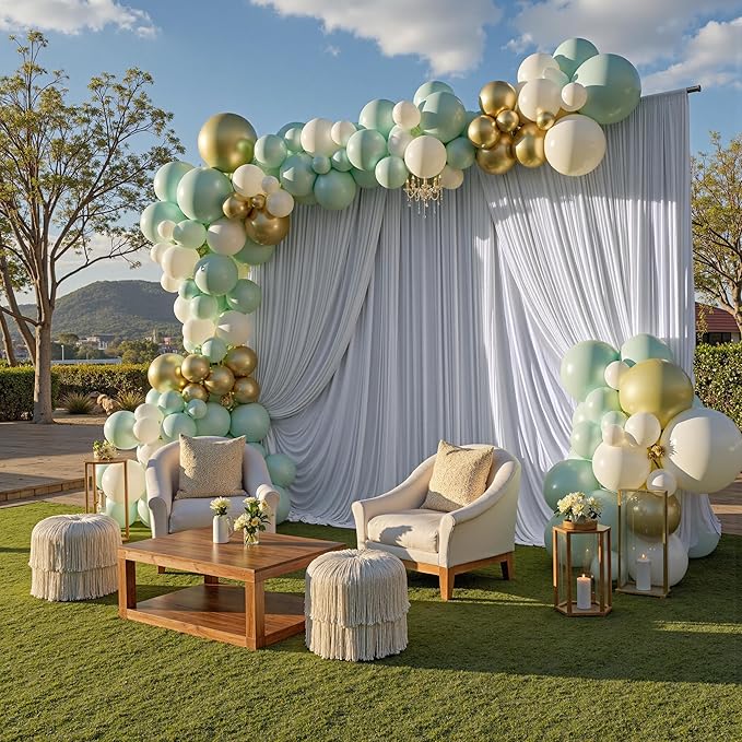 PartyVillage 40ft×15ft White Backdrop Curtain for Wedding Parties, 8 Panels Wrinkle Free 15 FT Long Polyester Photo Backdrop Drapes Back Drop Cloth for Birthday Photography Background