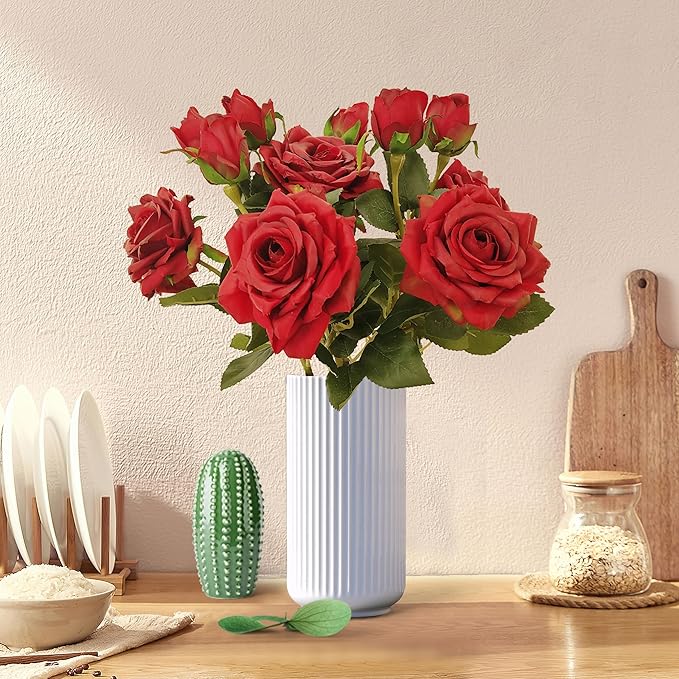 ATFL Fake Red Roses Flowers, 6 Pcs Faux Silk Real Touch Moisturizing Artificial Rose Flowers for Decoration DIY Wedding Party Home Office Decoration and Dining Table Centerpiece (6, red)