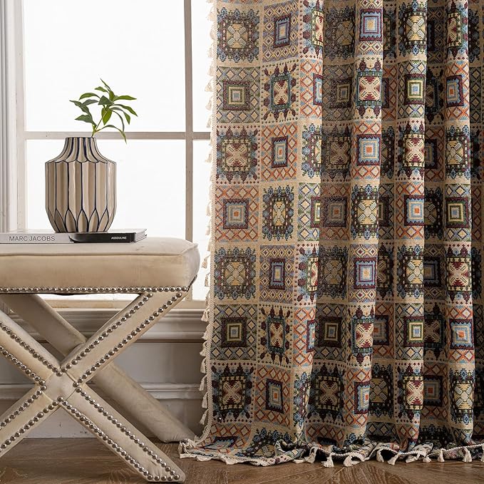 ENJOYBRIDAL Patchwork 96 Inch Curtains 2 Panel Set Semi Sheer Bedroom Drapes Rod Pocket Farmhouse Jacquard Long Window Curtain Panels Bohemian Light Filtering Beige Boho Living Room Window Treatments