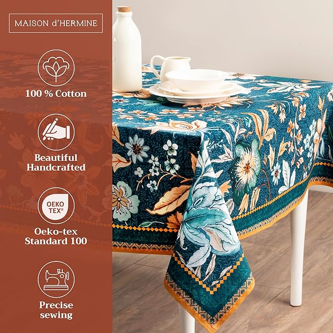 Maison d' Hermine Table Cloth Rectangle Table 100% Cotton 60 x 108 Inches Fall Tablecloth Reusable Everyday Use for Thanksgiving Christmas Decorations Dining Farmhouse Party (Luxury Loft - Dark Teal)