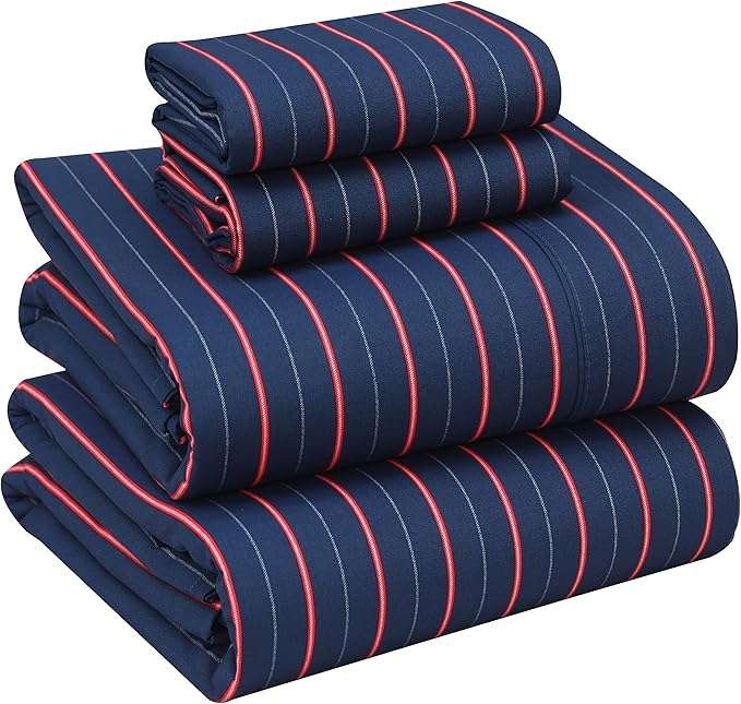 RUVANTI 100% Cotton King Size Sheets Set, 4 Pieces, Soft & Breathable Percale Weave Bedding, Deep Pocket 16", Hotel Standard, Crisp Cool Feel, Durable, Perfect Striped Bed Sheet, Nautical