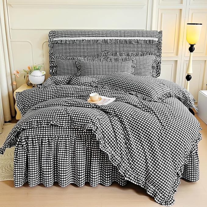 LifeTB Queen Comforter Set Black Gingham Comforter Vintage Ruffle Checkered Pattern Comforter Set Boho Grid Plaid Bedding Comforter Fluffy Soft Chic Gingham Bedding Set Queen Size for All Season