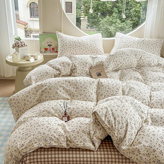 LifeTB 100% Cotton Muslin Duvet Cover Full Size Vintage Botanical Floral Duvet Cover Ultra Soft Flower Comforter Cover Lightweight Soft Breathable Gauze Bedding Comforter Cover with 2 Pillowcases